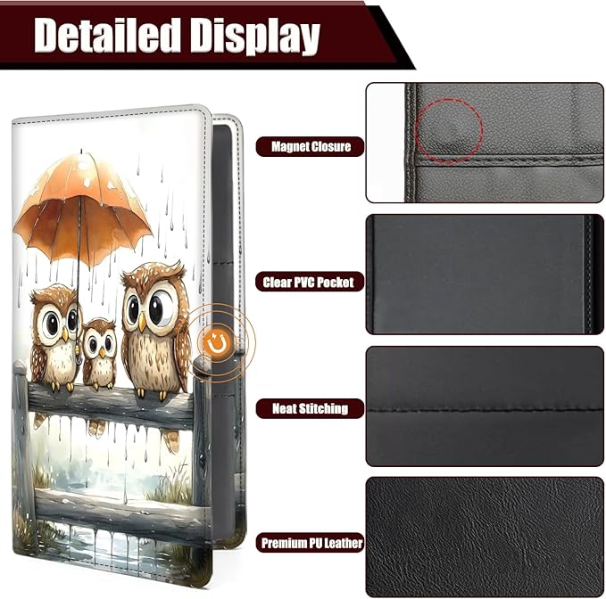 Car Registration Holder, PU Leather Vehicle Glove Box Organizer for Driver License, Document, Car Insurance Holder with Magnetic Shut, Auto Paperwork Wallet Case Accessories, Cute Owl Family Pattern