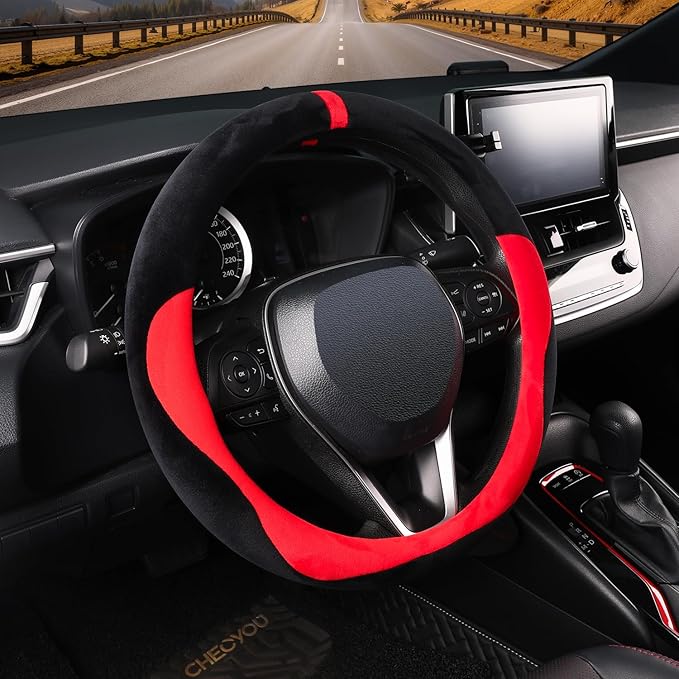 COFIT Plush Steering Wheel Cover Winter, Soft Warm Furry Grip Protector for Cars SUVs Trucks, Fits 14.5-15 Inch, Non-Slip Interior Accessory, Red