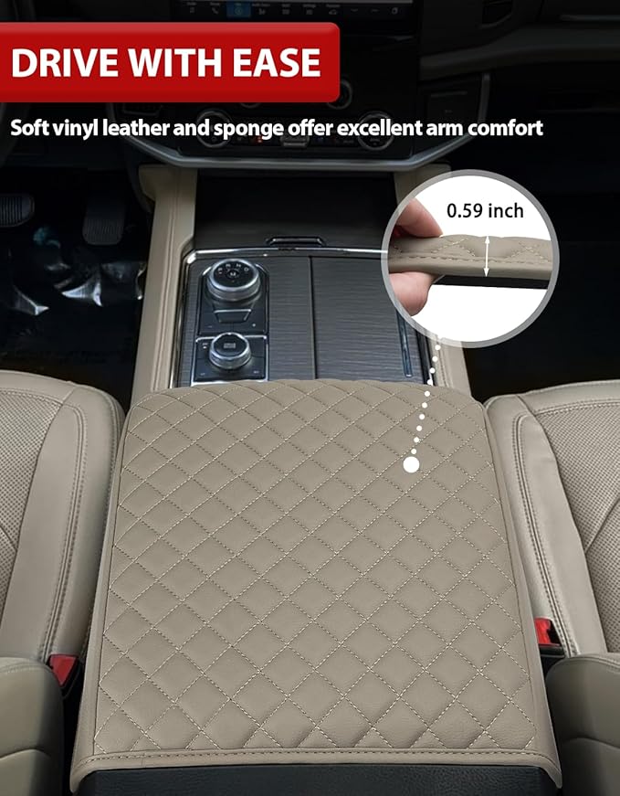 KBH Center Console Armrest Cover for 2015-2020 Ford F150, 2017-2022 F250-F550, 2018-2024 Expedition, Bucket Seat, PU Leather Cushion Pad, Anti-Scratch, Stone Gray (Not for Other Years)