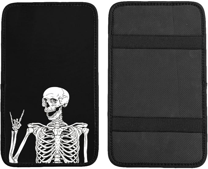 DORKEIXIA Black Funny Skull Human Skeleton Auto Center Console Armrest Pad Universal Car Center Console Cover Seat Box Cover for Sedan, Van, SUV, Truck Car Accessorie