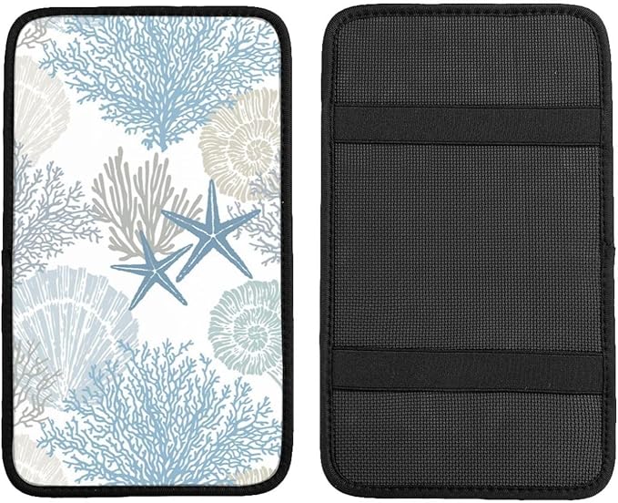 Nautical Coastal Center Console Cover Pad, Starfish Seashell Coral Car Armrest Seat Box Cover Cushion Universal for Most Vehicle SUV Truck, Car Interior Accessories Decor, Protect from Pet Claws