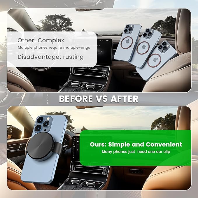 Phone Clamp for Magnetic Car Phone Holder, Aviation Aluminum Black - No Magnetic Case & Rings Needed, Enhanced Suction & Magnetic, Compatible with All Magnetic Holders