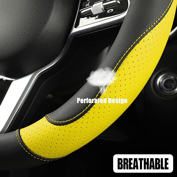Binsheo Microfiber Leather D Shaped Steering Wheel Cover, Breathable, Anti Slip, 13.5 inch to 14 inch, Black with Yellow