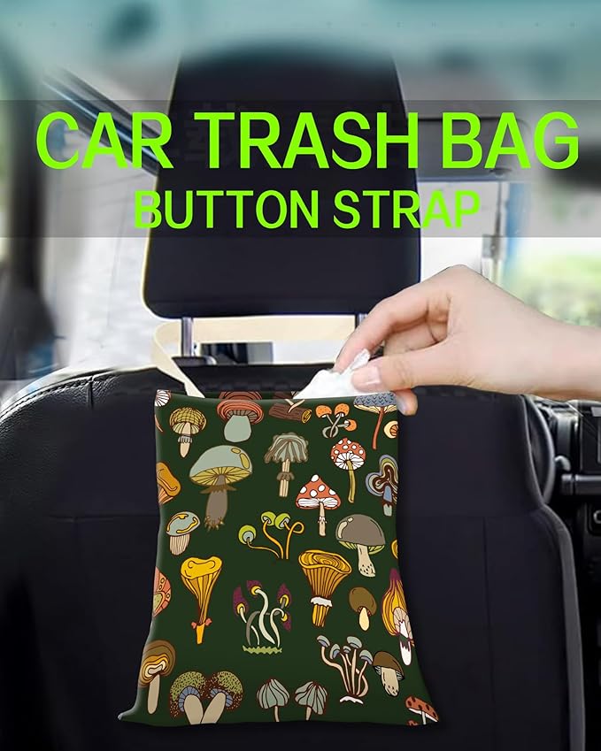 Car Garbage Can, Hanging Car Trash Can Bag for Cute Car Back Seat Organizer, Green Boho Mushrooms
