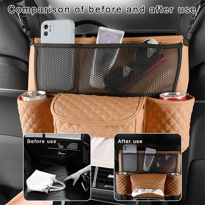 Car Purse Holder Between Seats, Luxury Leather Front Seat Back Handbag Organizer with Tissue Box Cup Holders, Auto Large Capacity Multi Pocket Purse Holder Hanging Storage Bag (Brown)