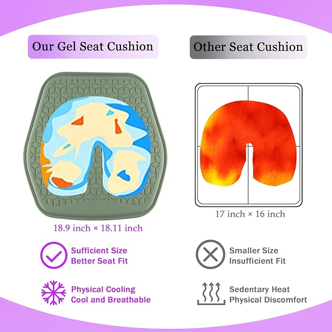 Thin Gel Seat Cushion for Car Seat, Office Chair, Wheelchair, Golf Cart - Non-Slip Car Seat Cushions with 0.7 Inch Gel - Sciatica & Coccyx Pain Relief (Fabric, Green)