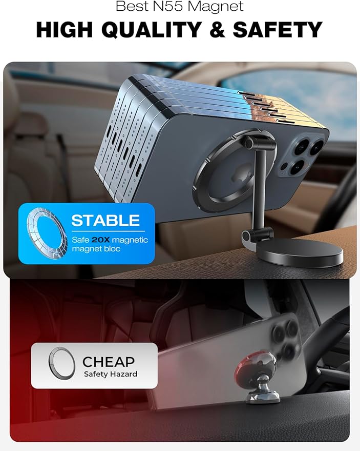 for Mag-Safe Car Mount- 360° Rotation Magnetic Phone Mount for Car Dash Dashboard, Foldable Metal Magnets Car Phone Holder Compatible iPhone 15 14 13 12 Pro Max Plus Mini MagSafe Case