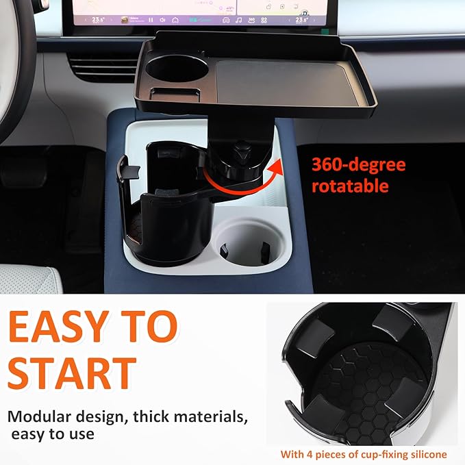 Car Large Cup Holder Expander, 4-in-1 Cupholder Extender with Swivel and Detachable Snack Food Tray Table for Eating, Travel Essentials for Road Trips for Driver. Model E