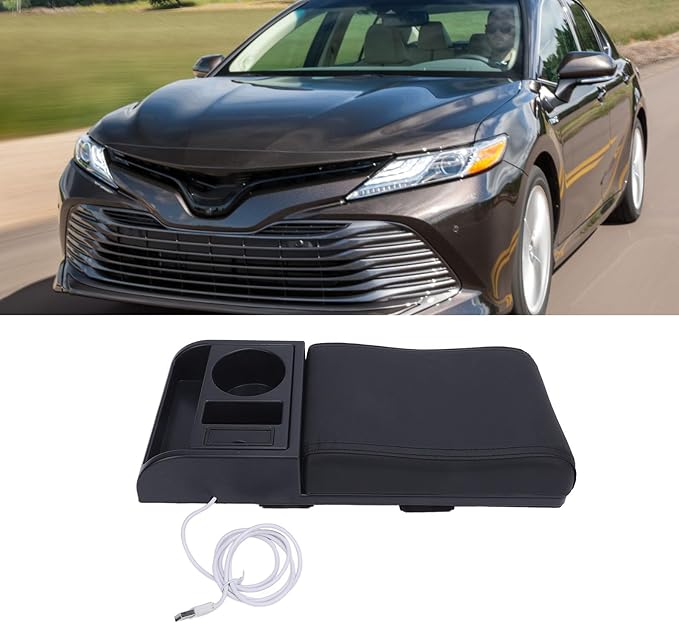 Fydun Center Console Armrest Box Cover Adjustable Length with USB Charging Port Cup Holder Universal for Most Vehicles (Black Line)