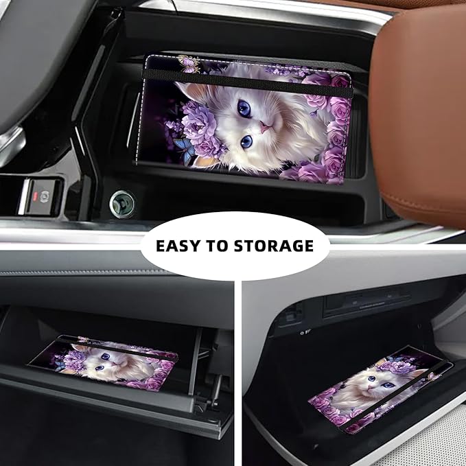 Tudguiloae Car Registration and Insurance Card Holder, Trunk Document Holder Organizer, Essential Vehicle Glove Box Organizer Leather Wallet for Driver, Flower Bed with Cute White Cat