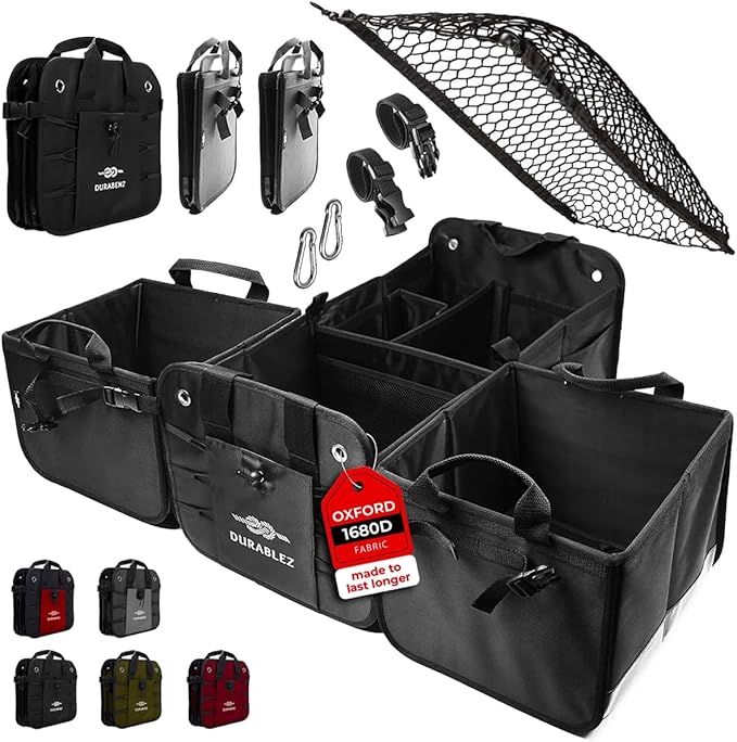 DURABLEZ Trunk Organizer 4-Section XL Modular Car Storage System – Extra Large Cargo Organizer for Car Trunk, Foldable Multi-Compartment Auto Organizer, Heavy Duty 1680D Oxford – Black