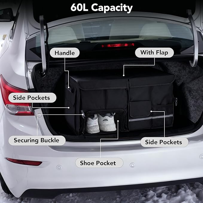 Trunk Organizer for SUV - 60L, Foldable Car Trunk Organizer Bags with Lid Large Capacity Car Organizers and Storage with Lid for SUV,Sedan,Truck Accessories,23.62"×12.99"×11.81"(Black)