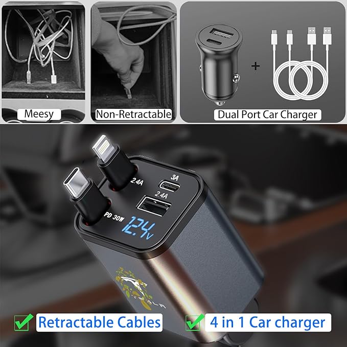 Retractable Fast Phone Charger Compatible with Tesla Model Y 3 X S, 4 in 1 Car Phone Charger Adapter 60W, USB C and Lightning Charger, Model Y 3 X S Accessories 2025-2018, 2.6ft