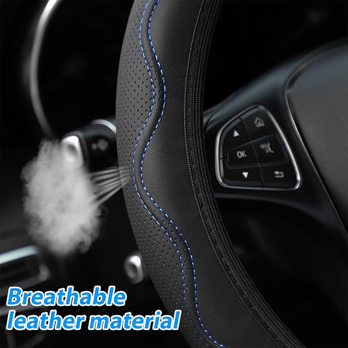Elastic Stretch Car Steering Wheel Cover, Leather Soft Vehicle Steer Wheel Protector, 14.5-15 Inch Anti-Slip Automotive Protective Guard Accessories, Universal for SUV, Sedan, Truck (Black/Blue)