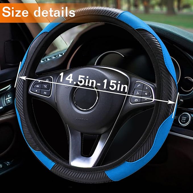 Car Steering Wheel Cover, 15 inch Carbon Fiber Microfiber PU Leather Elastic Steering Wheel Protector for Unisex, Anti-Slip Breathable Car Interior Accessories for Most Cars (Blue)