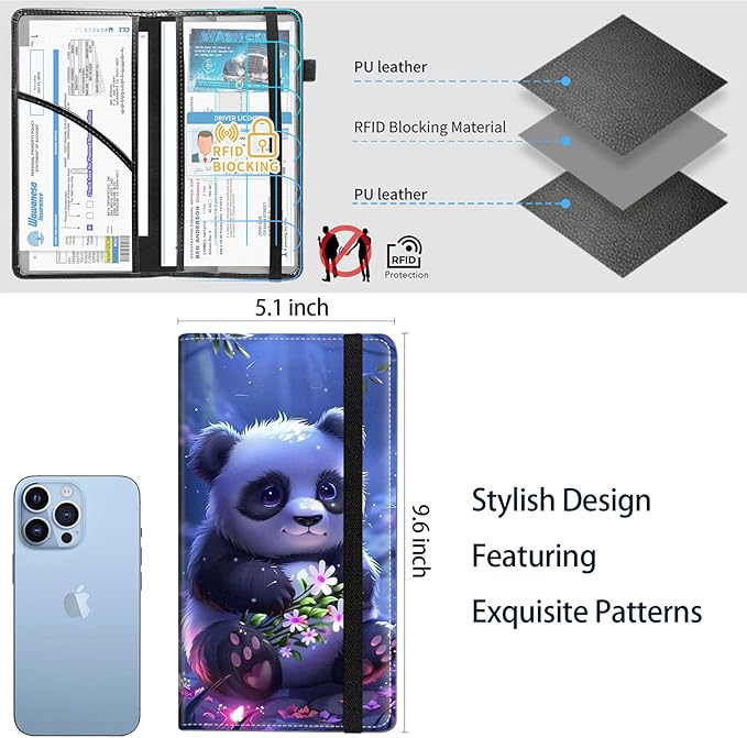 Qindaiwen Car Registration and Insurance Holder, Vehicle Card Document Elastic Band Closure Glove Box Organizer, Driver License Cards, Car Accessories for Essential Info, Lovely Panda