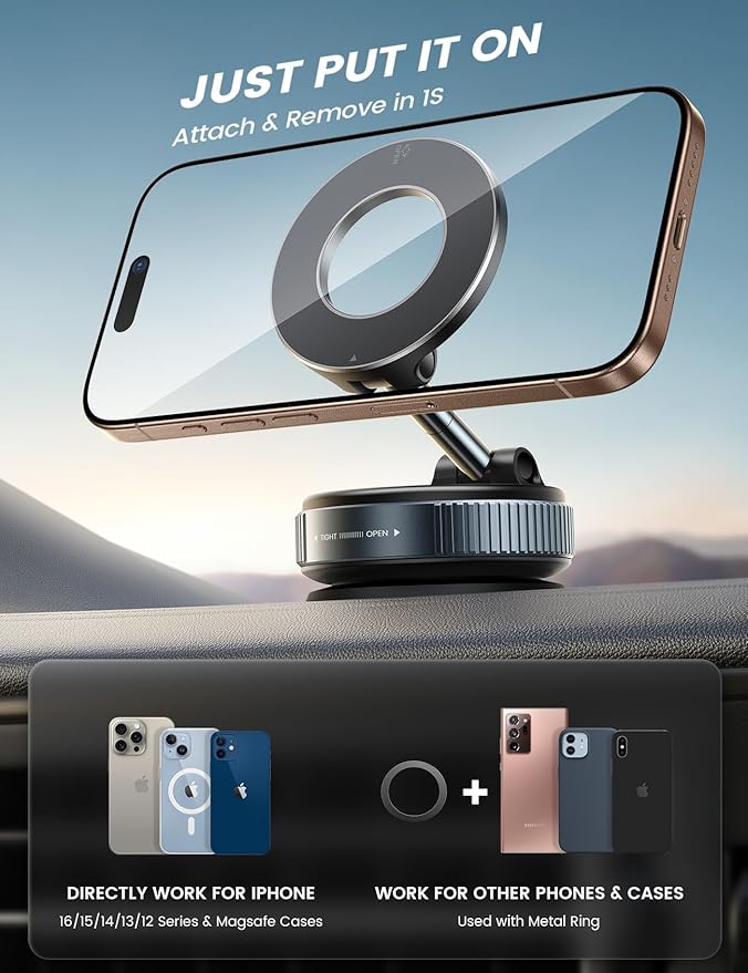 Lamicall Car Phone Holder - [70 LBS Strongest Suction] for Magsafe Car Mount, 360° Adjustable Suction Cup Phone Mount Dashboard Windshield Vacuum Magnetic Phone Holder for Car fit iPhone 17 16 Pro Max