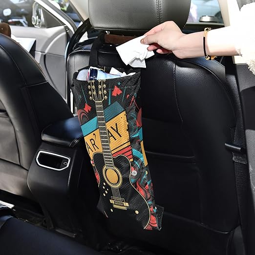 ALAZA Hanging Car Trash Bags Garbage Bag Trash Can for Back Seat Small Guitar 1 Washable Storage Bag Retractable 2 Pack