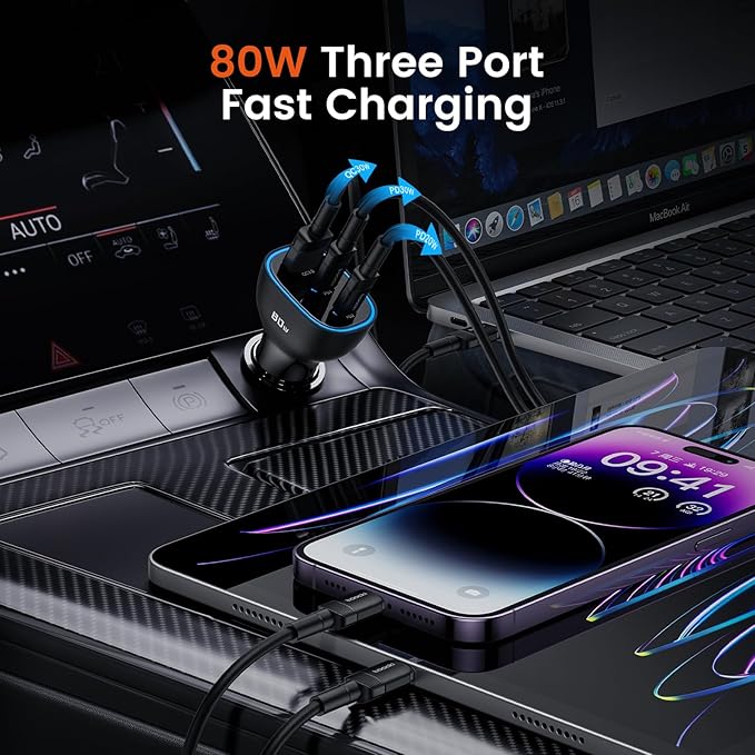 80W USB C Car Charger, 3-Port Cigarette Lighter USB Charger Adapter, QC&PD Type C Car Charger Adapter Fast Charging for iPhone 15/14/13/12 Pro Max Samsung Galaxy S23/22/21 Pixel iPad Pro