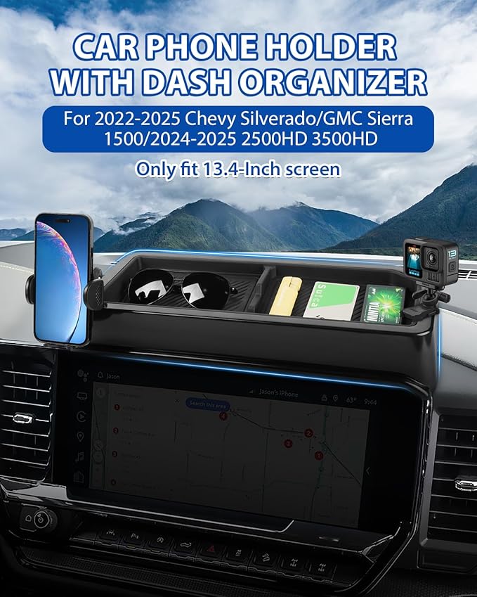 Autorder Car Phone Holder for 2022-2026 Chevy Chevrolet Silverado/GMC Sierra 1500 Accessories Center Console Dash Organizer with 2 Expansion Ports Hands-Free 360 Degree Rotation Phone Mount