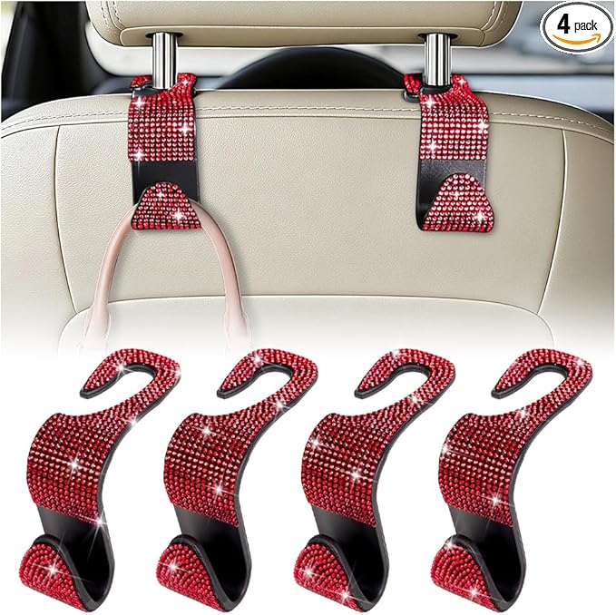 HZEL Bling Car Seat Headrest Hooks, 4PCS Crystal Rhinestone Vehicle Seat Back Hanger Holder for Purses Bag Handbags, Diamond Headrest Storage Organizer, Universal Auto Accessories (Red)