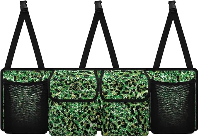 Hanging Trunk Organizer Green Leopard Print Back of Seat Car Organizer with 4 Pockets, Buckle Strapes Trunk Organizer Universal Fit Most Sedan SUV MVP Hatchback