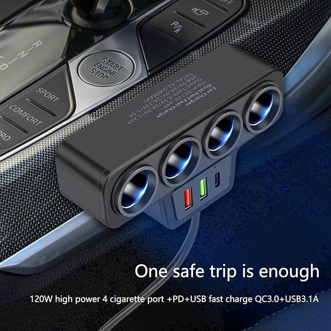 Type C USB Car Charging Adapter 12V/24V Vehicles Power Socket Splitter for Dashcam/Phones Safe Charging Black