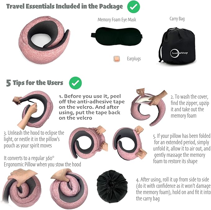 LuxeVoy 2025 Travel Neck Pillow with Stowable Hood,Ergonomic Neck Pillow Airplane,Premium Memory Foam,360º Contoured Design,Washable Cover,Complete Travel Set,for Flight,Car and Office (Pink)