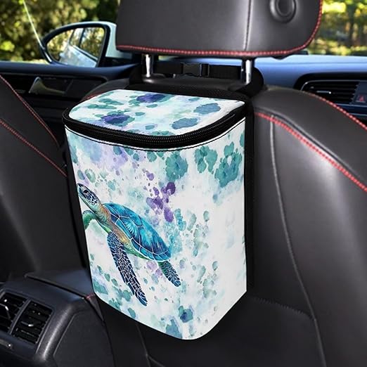 DISNIMO Tie Dye Sea Turtle Car Trash Can with Lid, Car Accessories Leak-Proof Waterproof Car Garbage Bin Collapsible Portable Car Storage Organizer Trash Bag for Car SUV Trucks