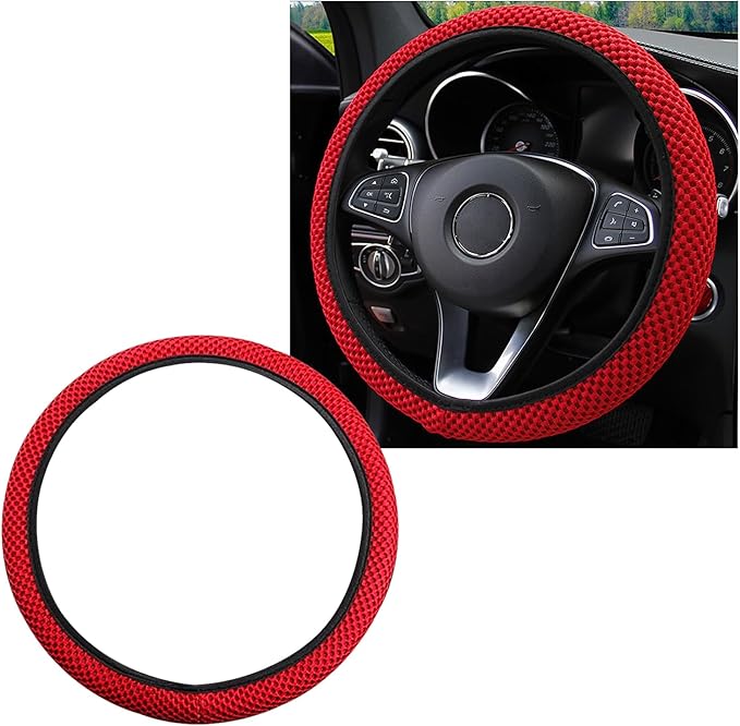 Elastic Steering Wheel Cover, 15"×15" Comfy Breathable Stretch Steering Wheel Protector, Ice-Silk Cloth Polyester Steering Wheel Cover for Men Women, Car Accessories (Red)