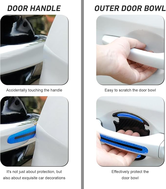 WZP 8PCS Car Door Handle Scratch Protectors, 3D Carbon Fiber Door Handle Scratch Protector Cover, Anti-Scratches Safety Reflective Strips, Universal Car Exterior Accessories for Most Vehicles (Blue)