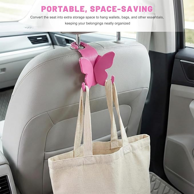 2 PCS Car Seat Headrest Hook, Butterfly Multipurpose Storage Hook Seat Back Purse Holder, Cute Butterfly Headrest Purse Hanger Interior Accessories for Car Truck SUV (Pink)