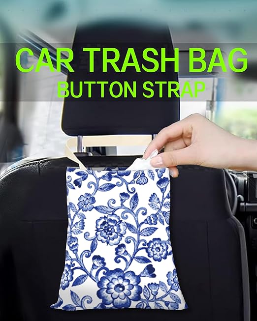 ANKVRP Car Trash Can, Durable Hanging Car Trash Garbage Bag, Cute Automotive Garbage Cans Organizer, Cute Blue Porcelain Floral