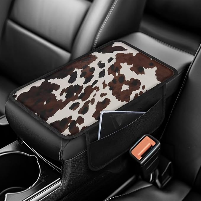 Boatee Cow Print Armrest Cover for Car Console Cushion for Auto Arm Rest Pad Vehicle Center Console Organizer Universal Arm Rest Seat Box Cover Protector Middle Console Pad Stylish Decor Brown