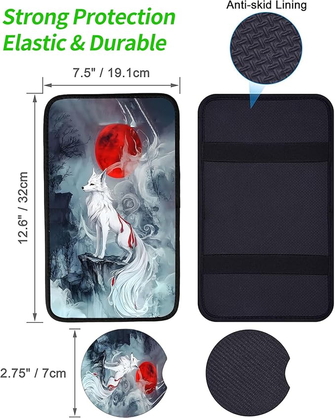 JANENFNA Car Armrest Cover Pads Universal Fashion Cute Auto Center Console Armrest Cover Pad with 2PCS Car Coasters Soft Waterproof Car Armrest Seat Protector for Women,Blood Moon White Fox