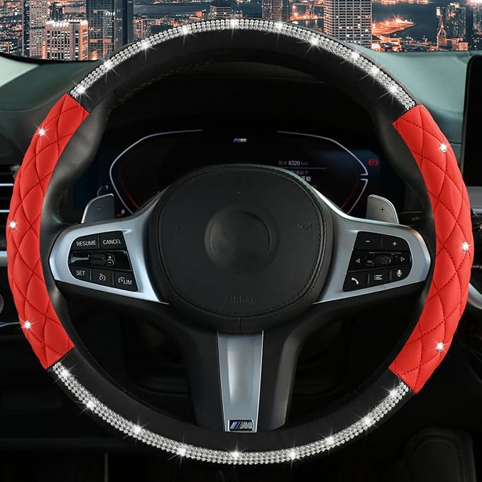Diamond Steering Wheel Cover ，with Bling Crystal Rhinestone,Delicate and Anti-Slip Sparkly Sedan Steering Wheel Cover ，Adaptable to 14.5-15 inches Car Wheel Protector for Women Girl ，Black & Red
