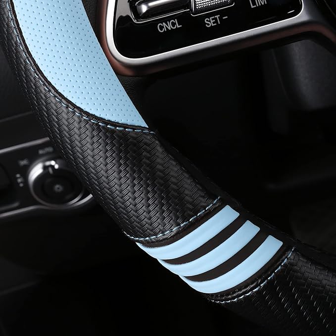 Car Steering Wheel Covers for Women Girl Padded Carbon Fiber PU Leather Cute Cartoon Auto Interior Accessories for Jeep, Truck, Universal, Anti Slip, Blue, Large Size, 15.2-16in
