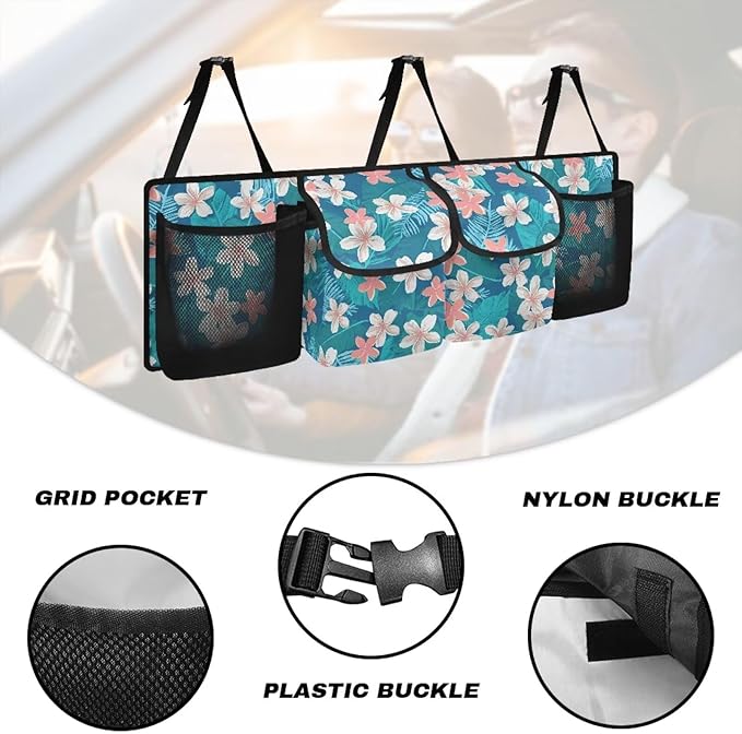 CLOHOMIN Hibiscus Trunk Organizer for Car Palm Leaves Car Backseat Hanging Organizer for SUV Van Cargo Storage Collapsible with 4 Pockets Adjustable Straps