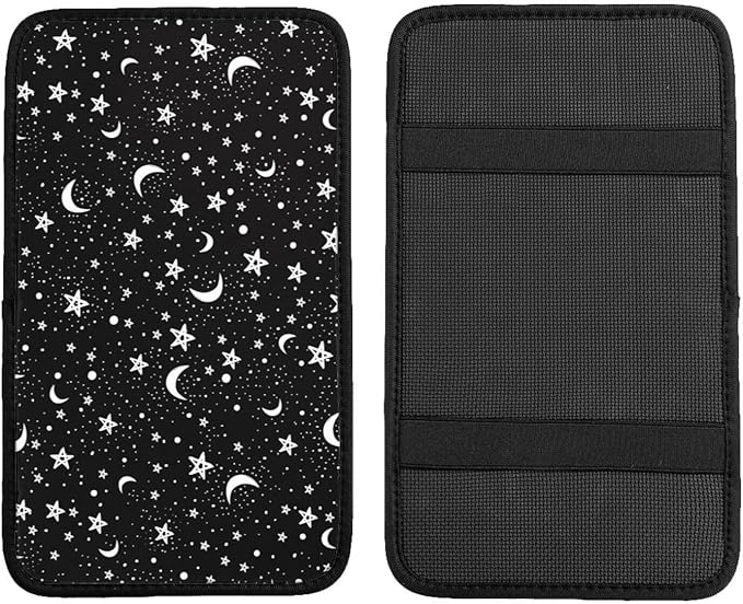 DORKEIXIA Black and White Moon Star Auto Center Console Armrest Pad Universal Car Center Console Cover Seat Box Cover for Sedan, Van, SUV, Truck Car Accessorie