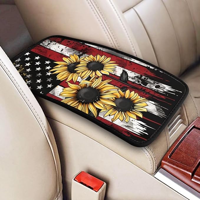 American Flag Car Center Console Cover Protector Vintage Sunflower Comfortable Armrest Covers Cushion Pads Patriot Star Stripe Cars Accessories
