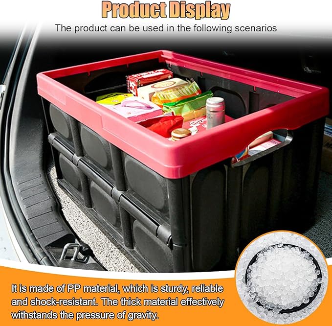 Car Trunk Organizer, Foldable Plastic Cargo Storage Box with Lid, Large Car Tool Container with Handles, Universal Automotive Organization Accessories for Camping, Groceries (Black)