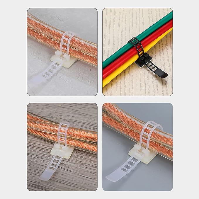 100Pcs Adhesive Cable Management Clips, Adjustable Nylon Strap Ties, Self Adhesive Wire Clamps Organizer with Strong Fixation for Office Home and Car, Reusable Cable Ties for Power (White)