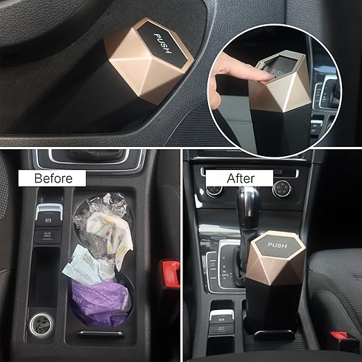 LoyaGour Car Trash Can Bin,Small Garbage Can with Lid,Automotive Cup Holder Mini Cars Trashcan,Portable Cute Cars Door Trash Cans,Women Car Dustbin (2Pcs, Gold)