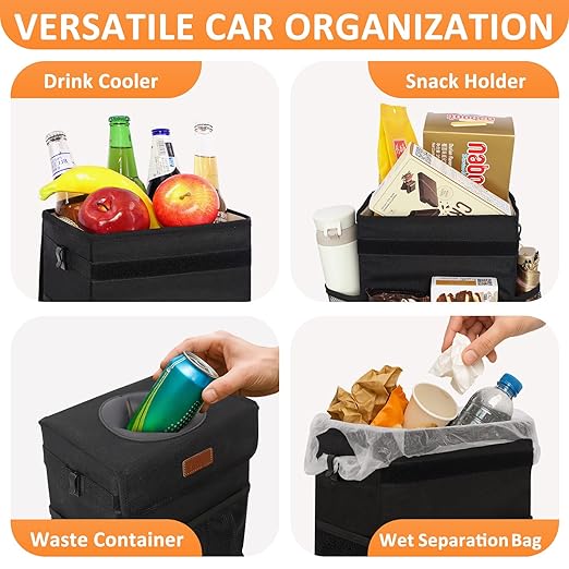 Vankor 3 Gallons Car Trash Can with Lid, Bag Bin Hanging Waterproof Automotive Car Garbage Cans Leak Proof Vehicle Trash Can Black