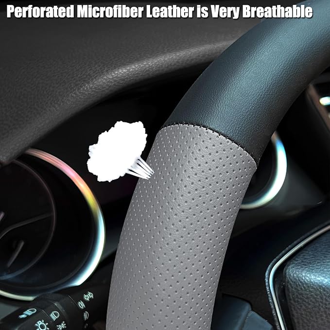 Mihecor Steering Wheel Cover Standard Size 14.5-15 inch, Non-Slip Car Wheel Cover Protector, Breathable Microfiber Leather, Black and Gray