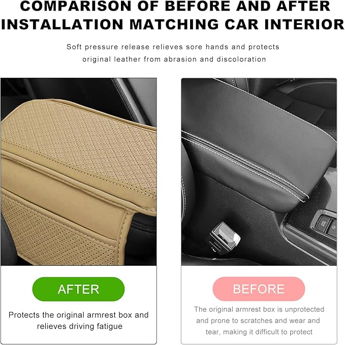 Car Center Console Cover, Microfiber Leather Armrest Cover Cushion with 2 Storage Bags, Anti-Scratch Middle Console Protector Interior Accessories for Most Cars SUVs Trucks (Beige)