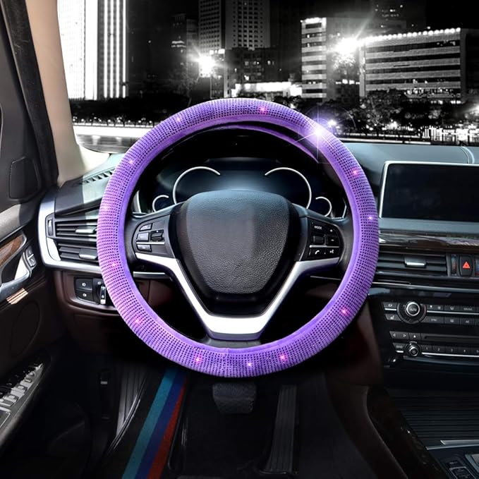 Valleycomfy Steering Wheel Cover for Women Bling Bling Crystal Diamond Sparkling Car SUV Wheel Protector Universal Fit 15 Inch (Purple,Standard Size(14" 1/2-15" 1/4))