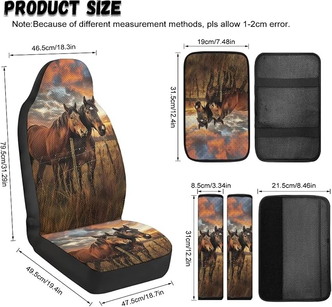 Qeluxign Sunset Horses Air Mesh Car Seat Covers & Accessories 5-Piece Set 2 Seat Covers, 2 Shoulder Belt Pads, 1 Console Pad PU Leather Car Interior Set for Women