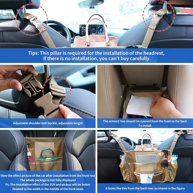 Car net Pocket Handbag Holder, car Purse Holder can be Used to Store Items, Protective Barrier for Children and Pets in The Back seat of car, Helps to Drive Safely (Khaki)