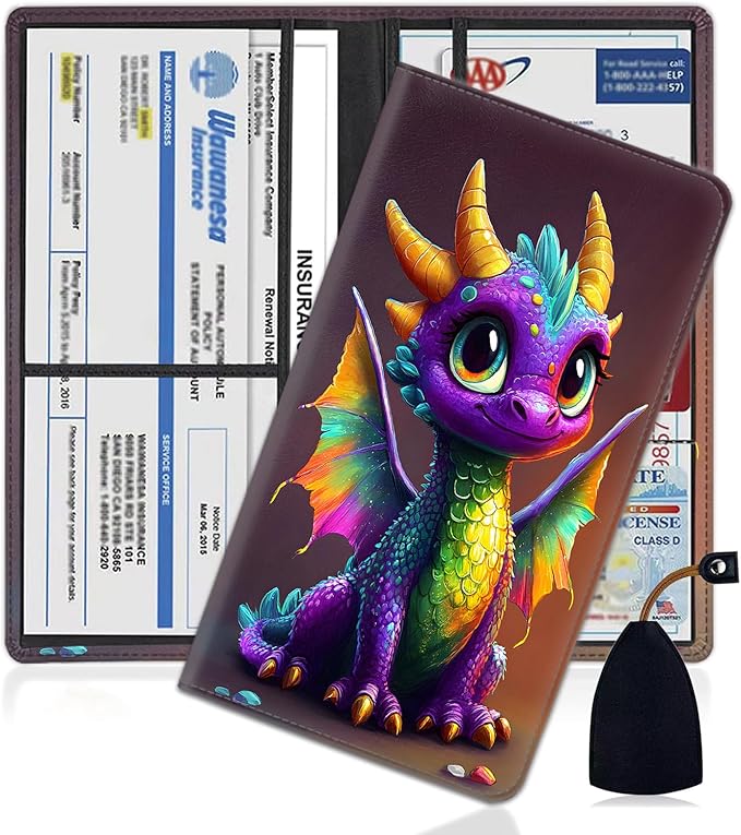 Car Document Holder with Magnetic Shut, Car Registration and Insurance Card Holder, Vehicle Glove Box Organizer Documents, Driver License, Auto Paperwork Organizer Wallet, Colorful Baby Dragon Pattern